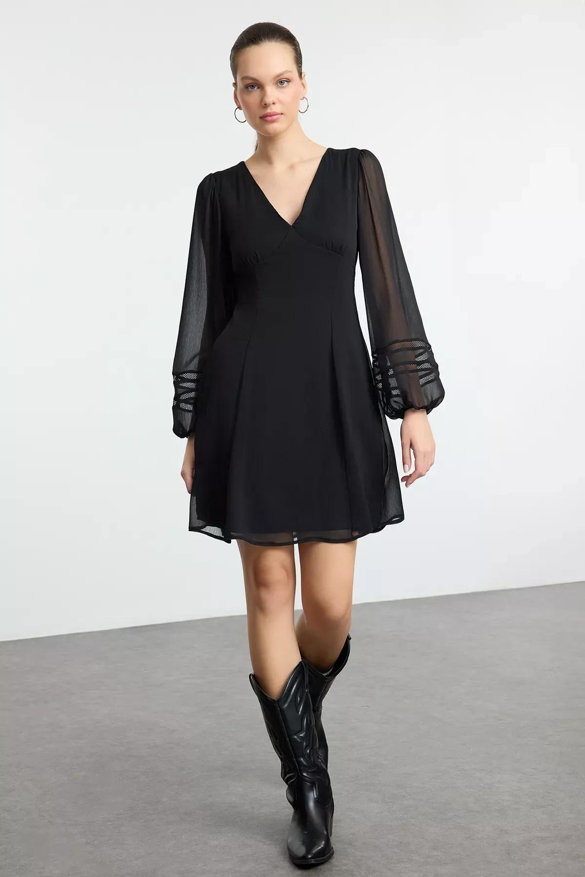 Black A-Line V-Neck Chiffon Dress, BLACK, large image number 0