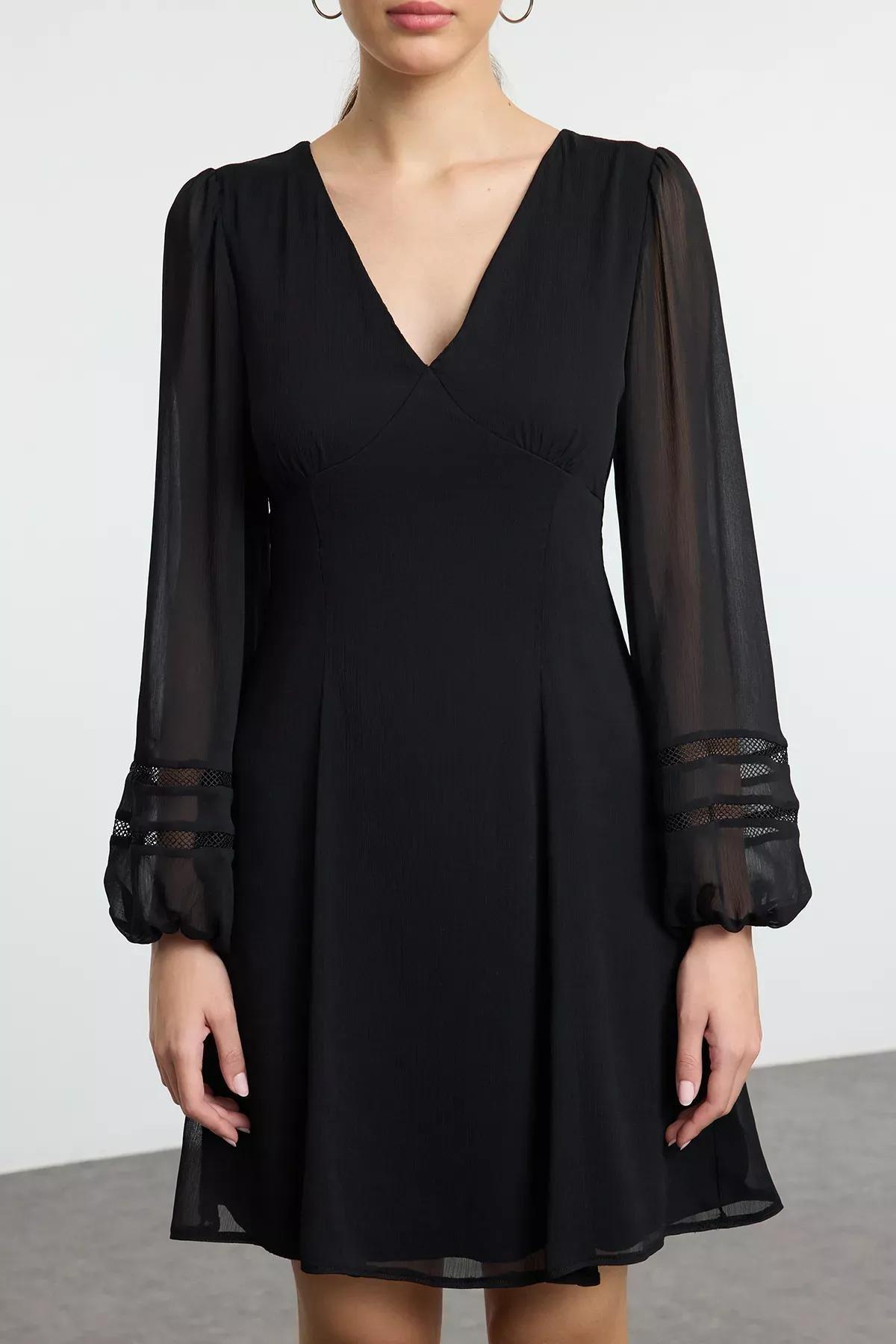 Black A-Line V-Neck Chiffon Dress, BLACK, large image number 2