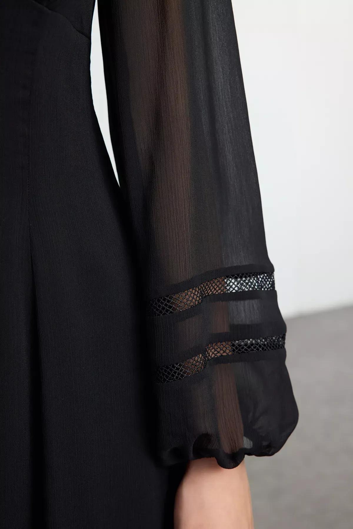 Black A-Line V-Neck Chiffon Dress, BLACK, large image number 3