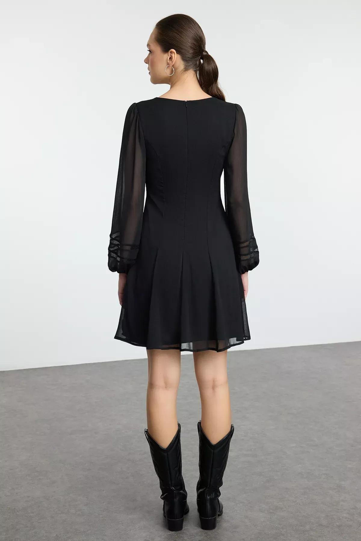 Black A-Line V-Neck Chiffon Dress, BLACK, large image number 4