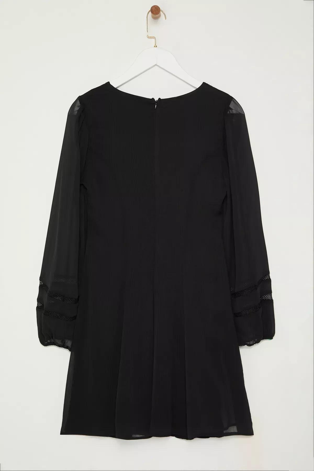 Black A-Line V-Neck Chiffon Dress, BLACK, large image number 5