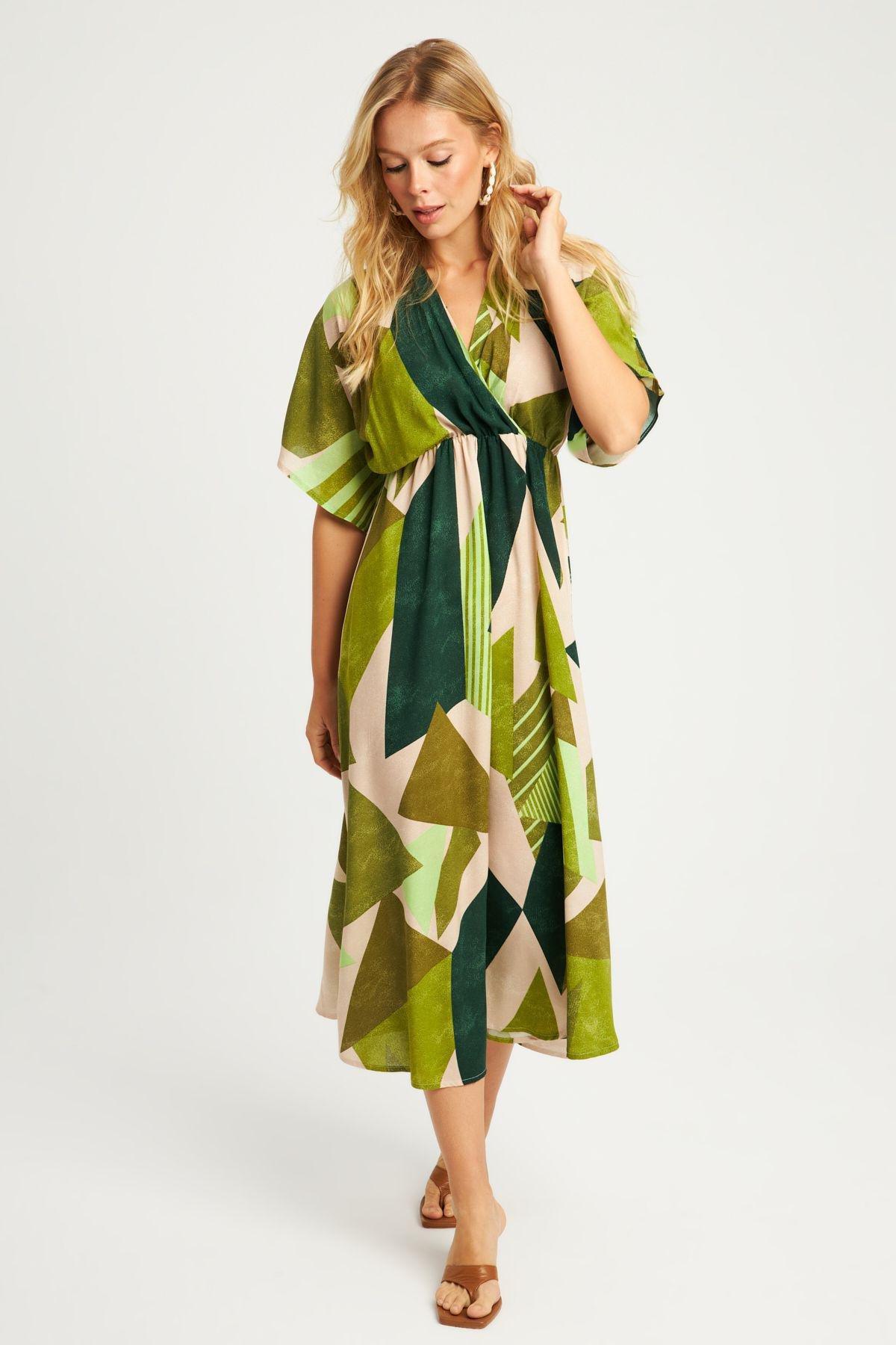 Khaki Abstract Kimono Midi Dress, Khaki, large image number 0