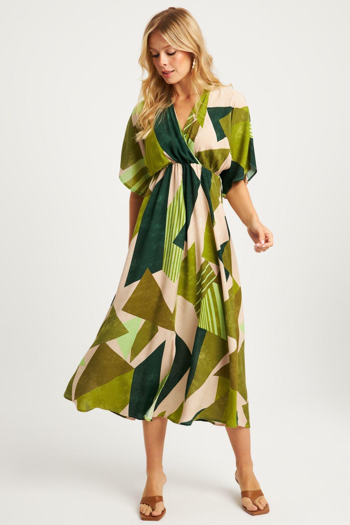 Khaki Abstract Kimono Midi Dress, Khaki, large image number 1