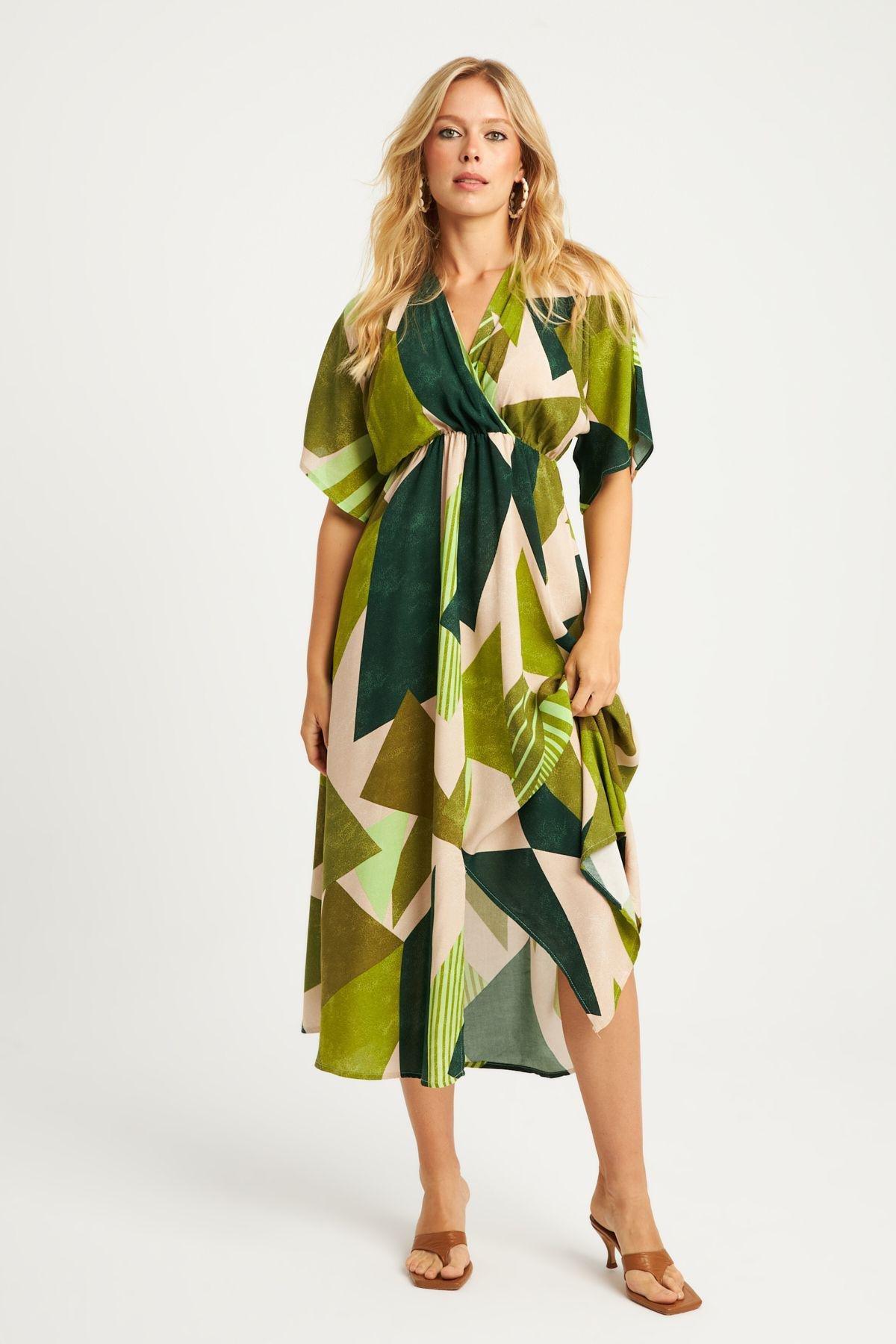 Khaki Abstract Kimono Midi Dress, Khaki, large image number 2