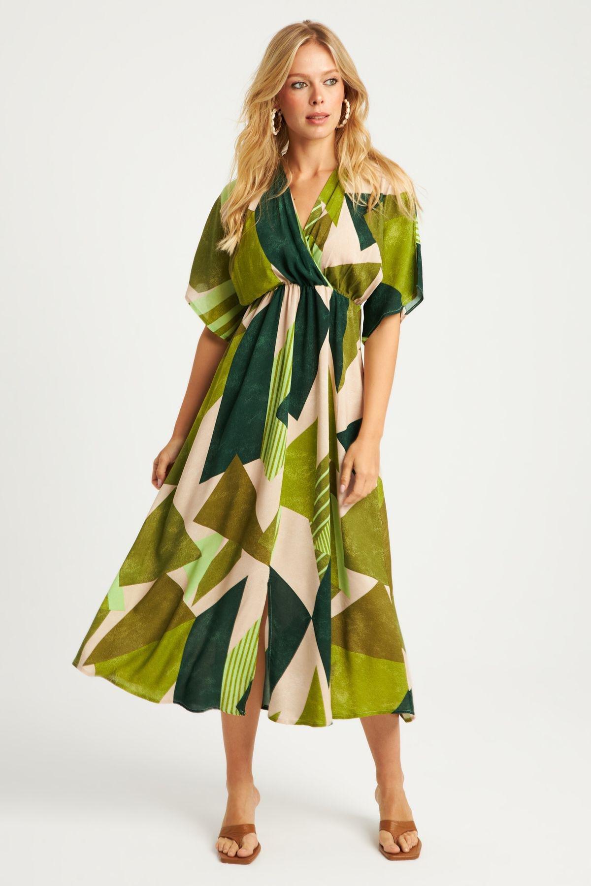 Khaki Abstract Kimono Midi Dress, Khaki, large image number 3