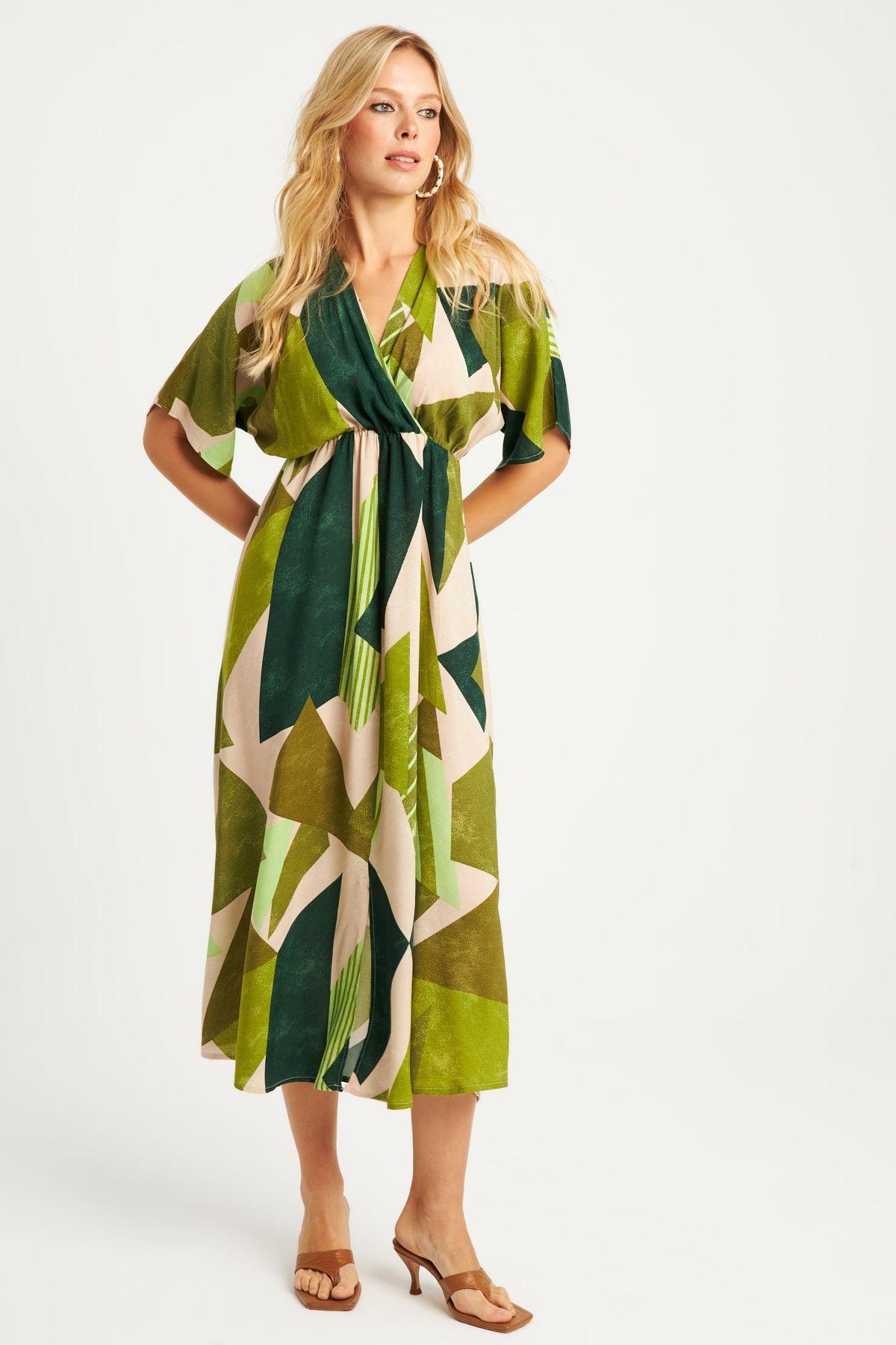 Khaki Abstract Kimono Midi Dress, Khaki, large image number 4