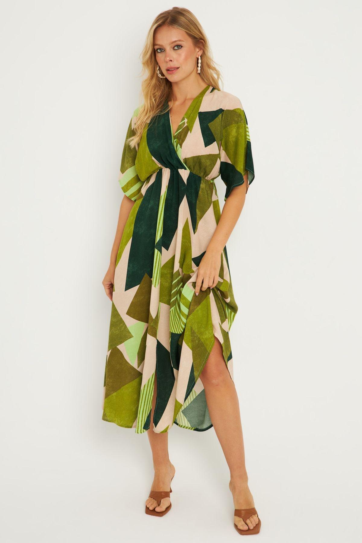 Khaki Abstract Kimono Midi Dress, Khaki, large image number 5
