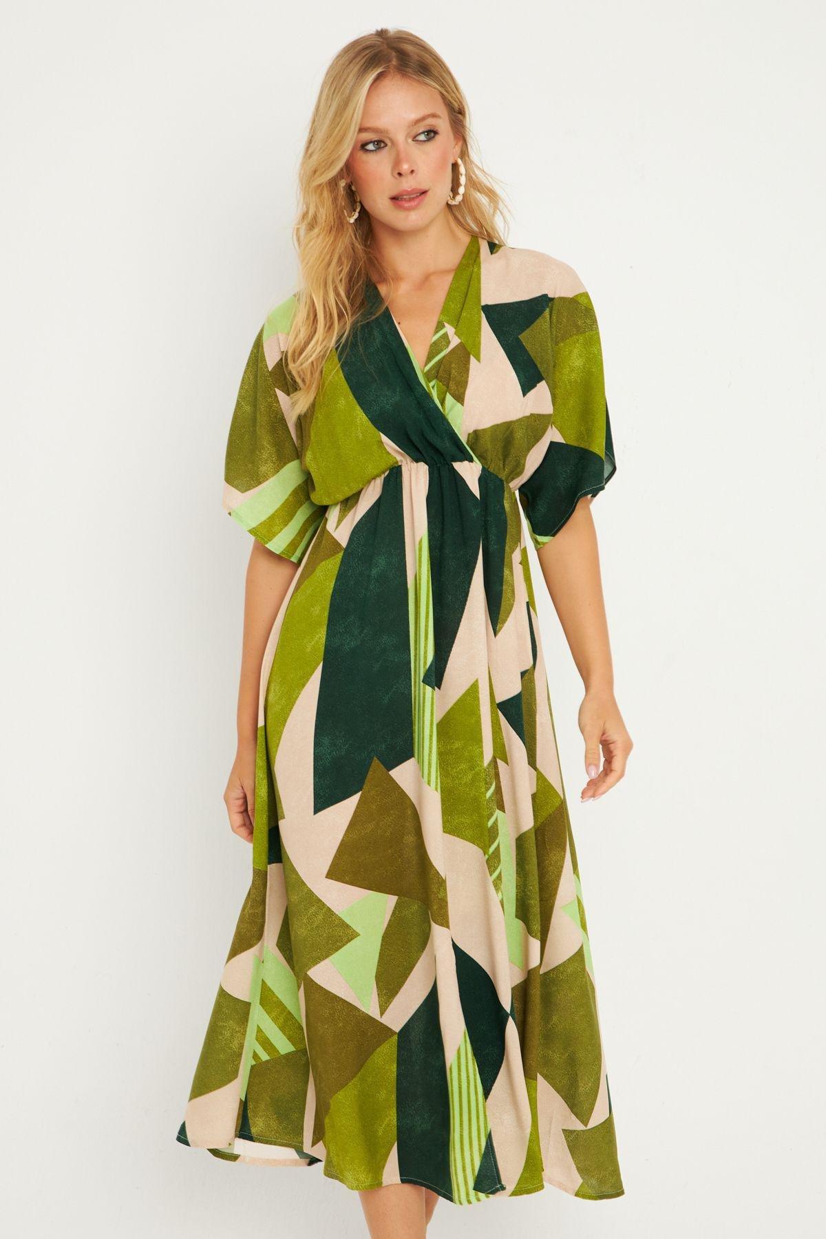 Khaki Abstract Kimono Midi Dress, Khaki, large image number 6