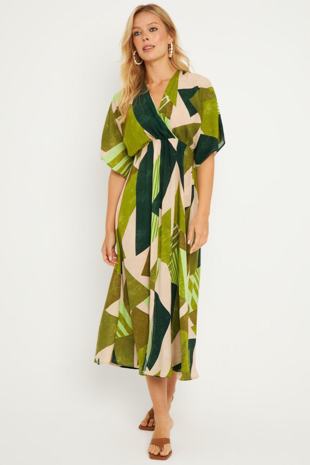 Khaki Abstract Kimono Midi Dress, Khaki, large image number 7