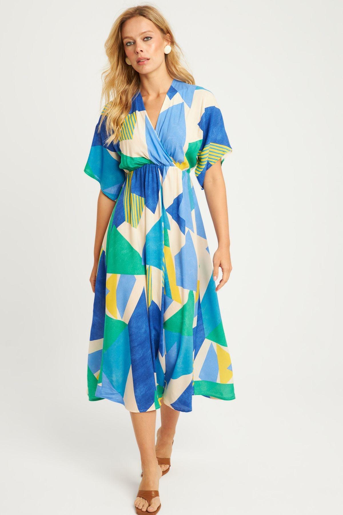 Blue Geometric Print Midi Dress, Blue, large image number 0