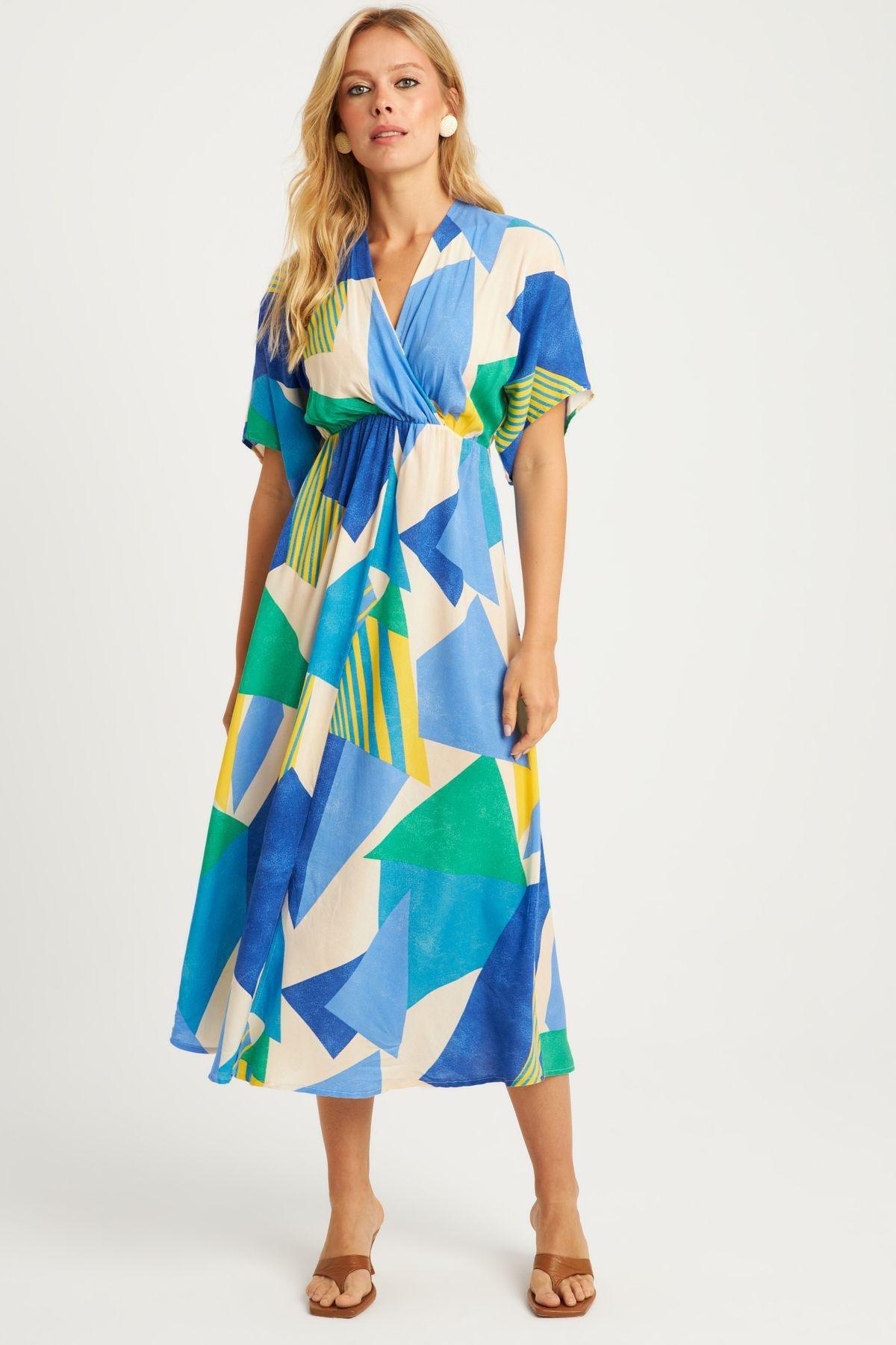 Blue Geometric Print Midi Dress, Blue, large image number 1