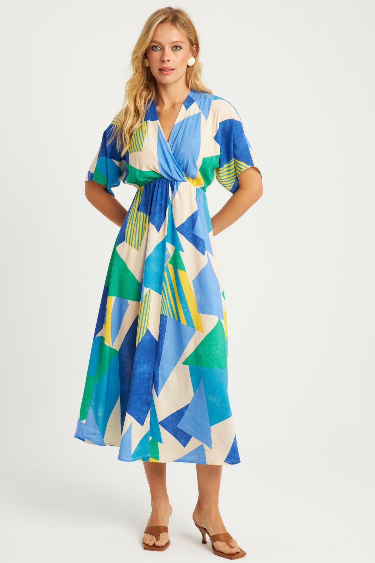 Blue Geometric Print Midi Dress, Blue, large image number 2