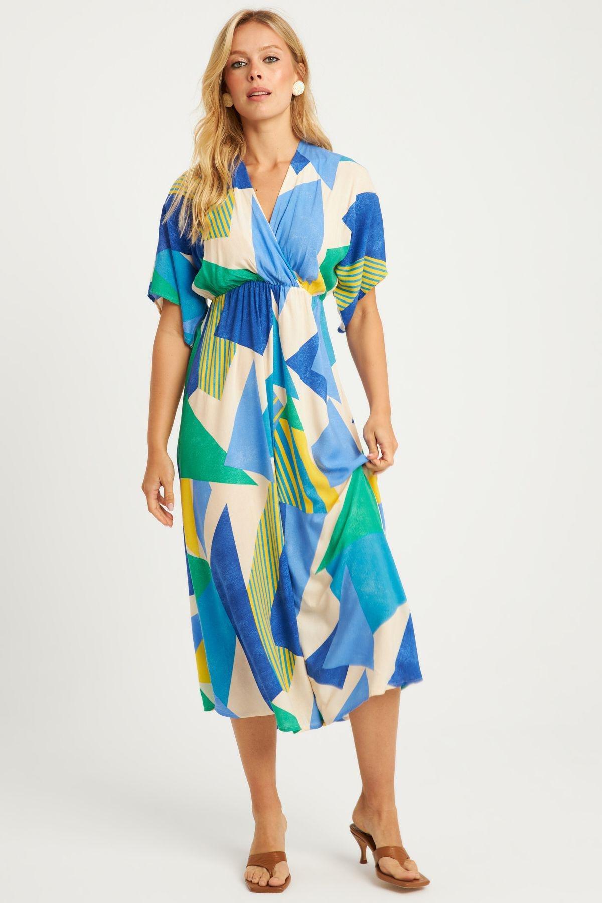 Blue Geometric Print Midi Dress, Blue, large image number 3