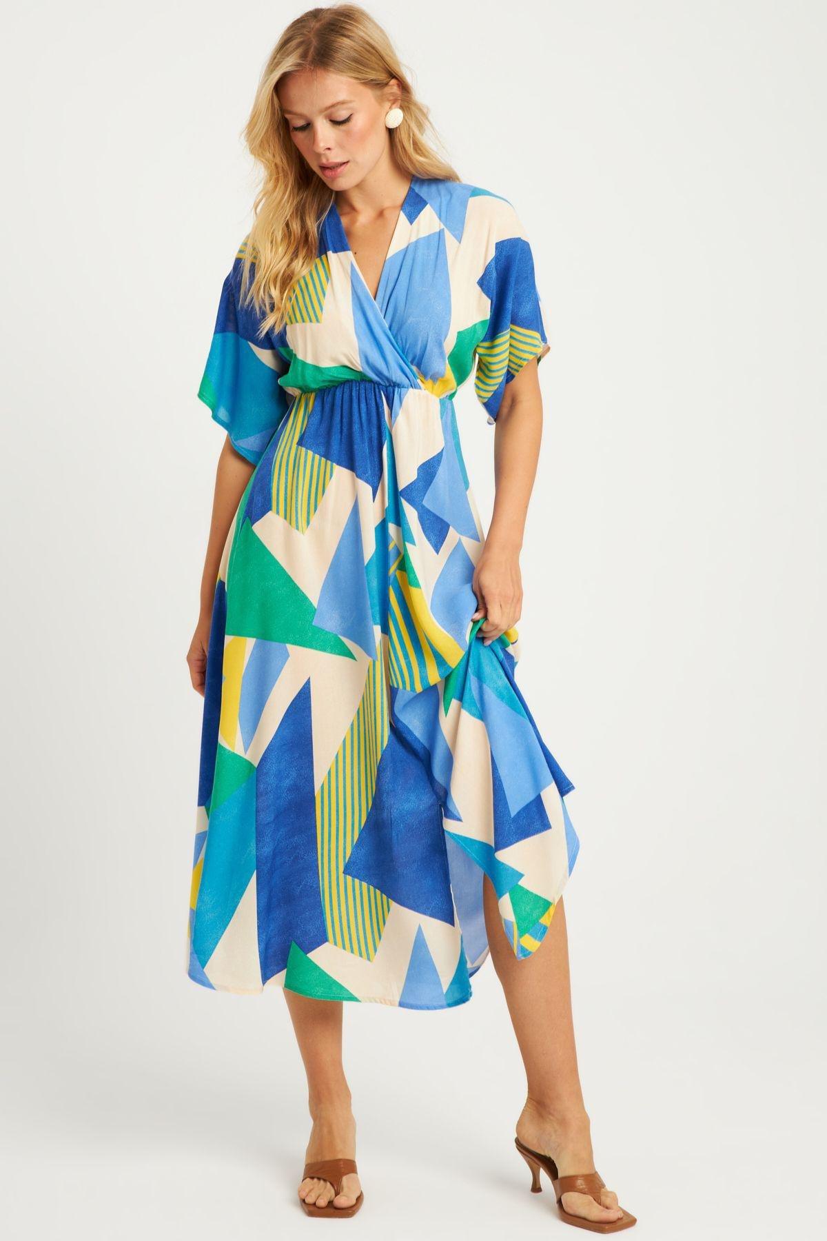 Blue Geometric Print Midi Dress, Blue, large image number 6