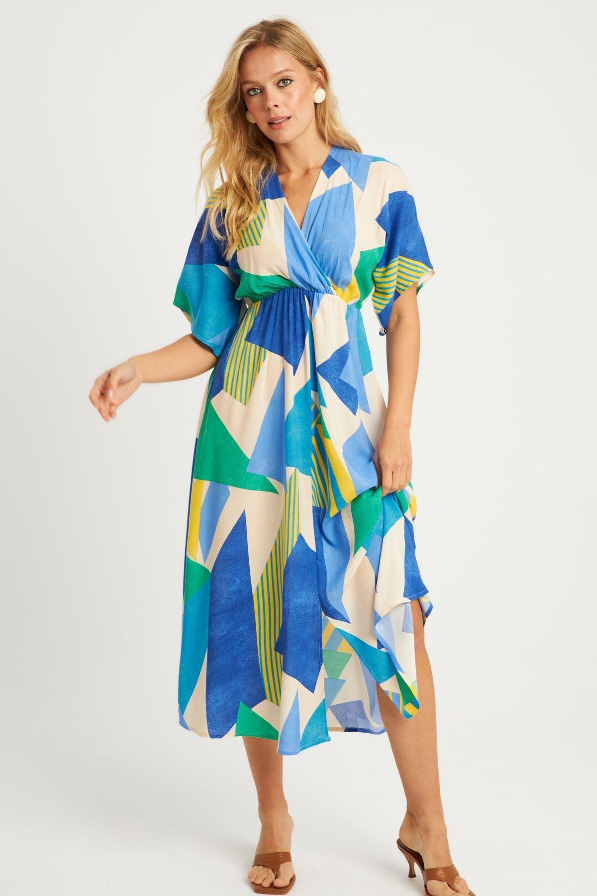 فستان بنمط منقوش متوسط الطول بفتحة رقبة V متقاطعة، أزرق, Blue, large image number 8