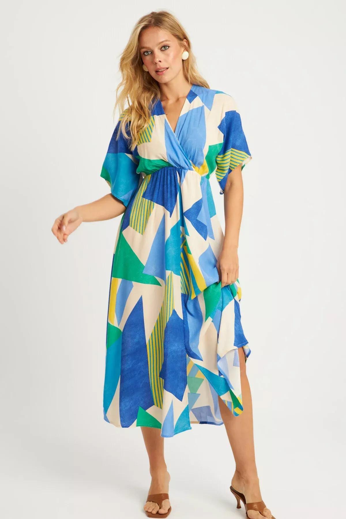 فستان بنمط منقوش متوسط الطول بفتحة رقبة V متقاطعة، أزرق, Blue, large image number 9