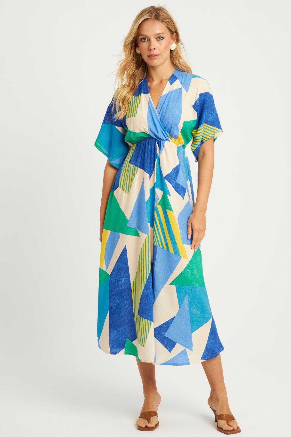 فستان بنمط منقوش متوسط الطول بفتحة رقبة V متقاطعة، أزرق, Blue, large image number 10