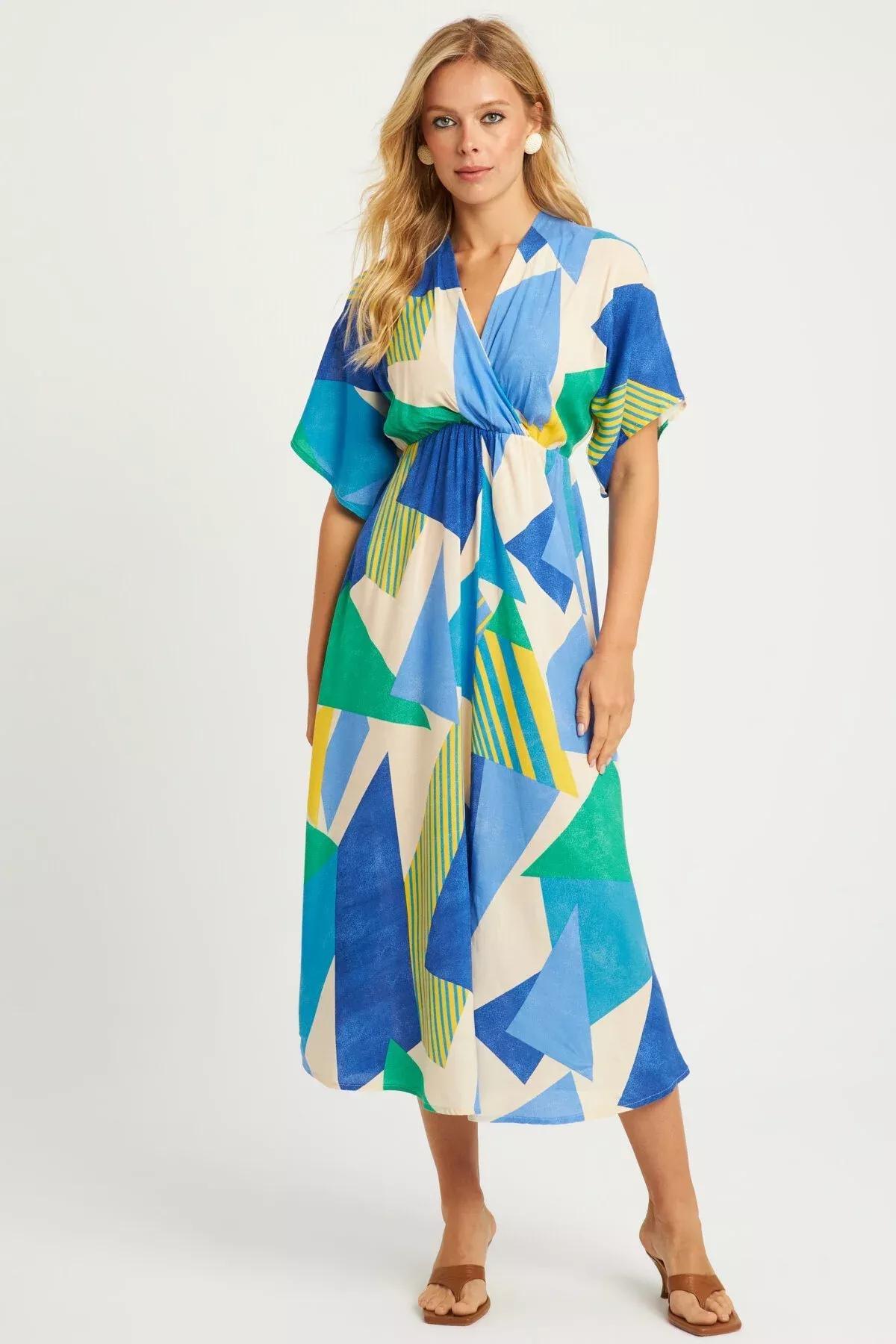 فستان بنمط منقوش متوسط الطول بفتحة رقبة V متقاطعة، أزرق, Blue, large image number 11