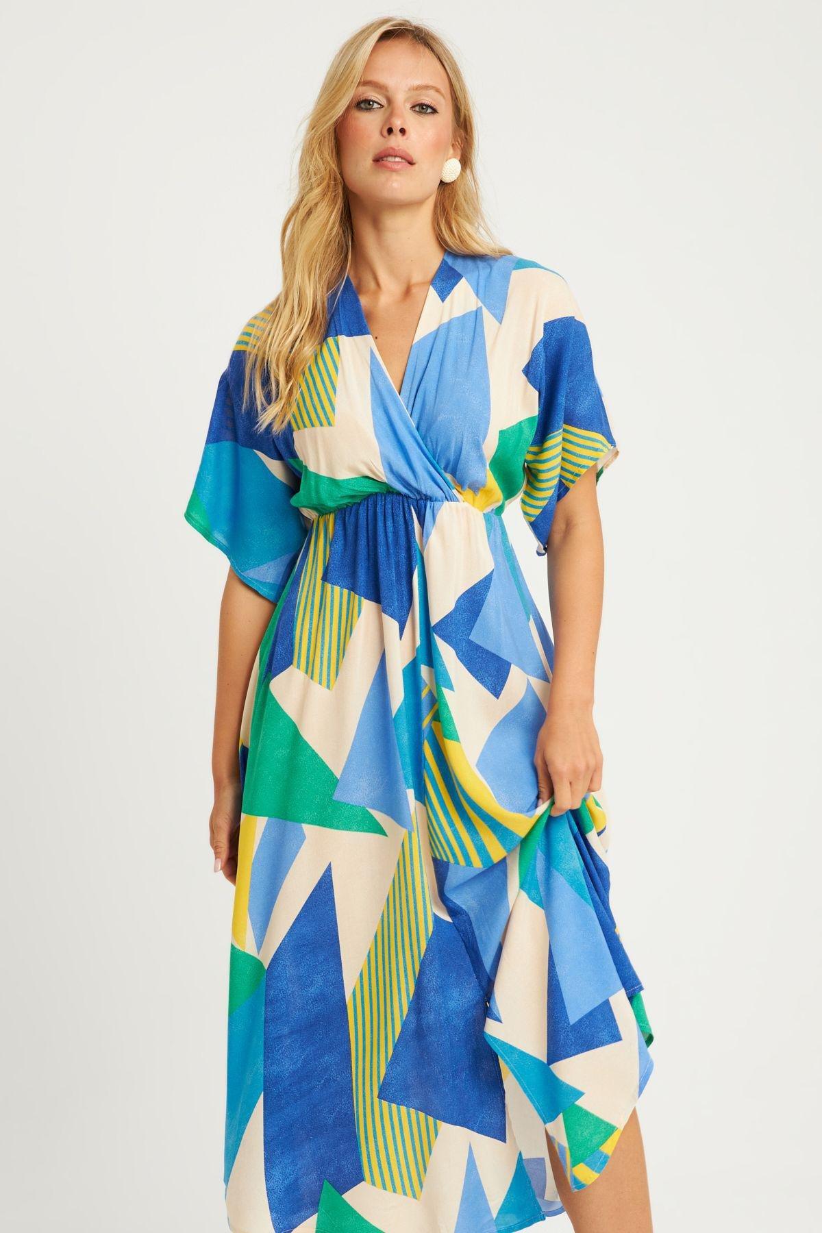 فستان بنمط منقوش متوسط الطول بفتحة رقبة V متقاطعة، أزرق, Blue, large image number 14