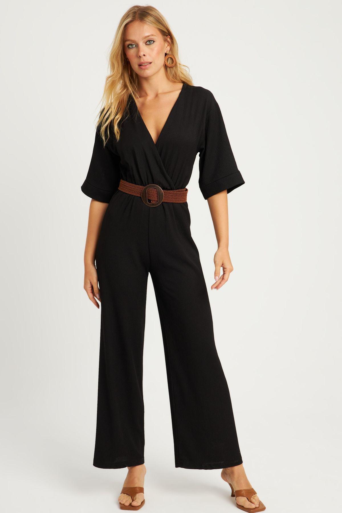 Womens Black Double Breasted Belted Wrap Jumpsuit XL2009, Single item, , large image number 0