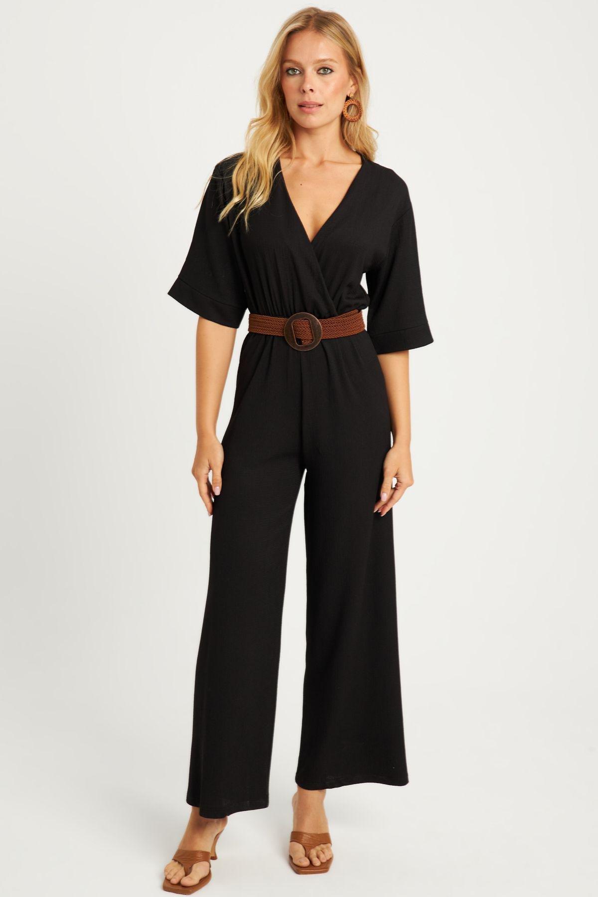 Womens Black Double Breasted Belted Wrap Jumpsuit XL2009, Single item, , large image number 1