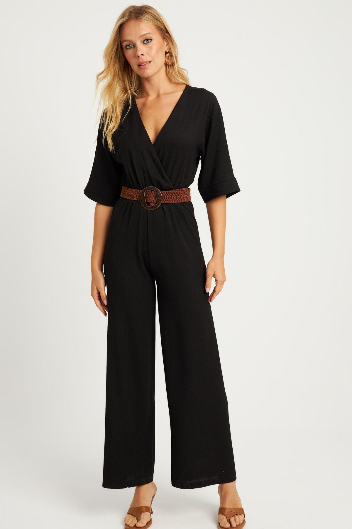 Womens Black Double Breasted Belted Wrap Jumpsuit XL2009, Single item, , large image number 2