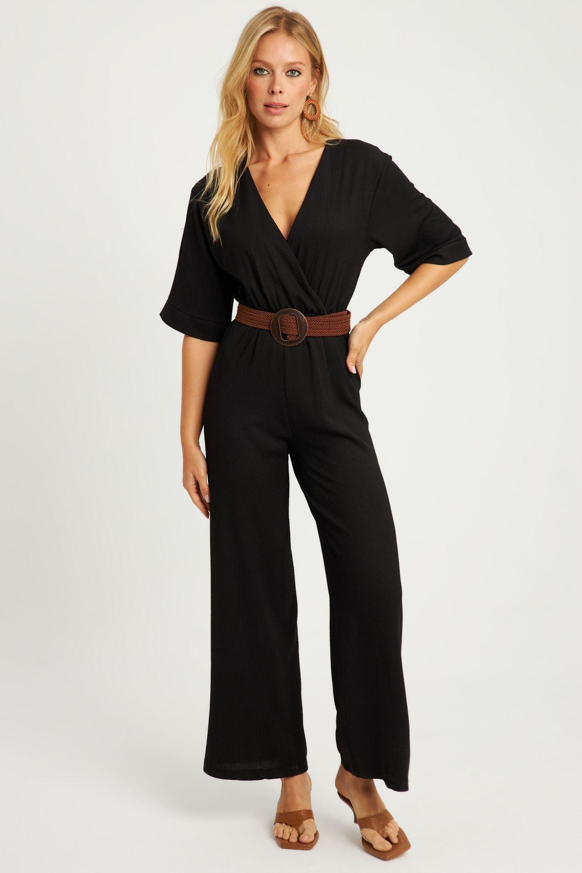 Womens Black Double Breasted Belted Wrap Jumpsuit XL2009, Single item, , large image number 3