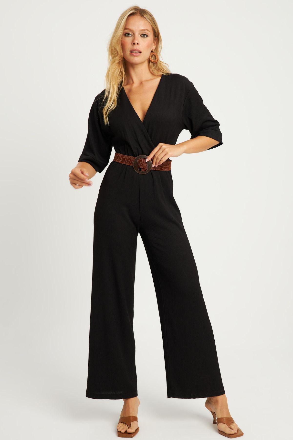 Womens Black Double Breasted Belted Wrap Jumpsuit XL2009, Single item, , large image number 4