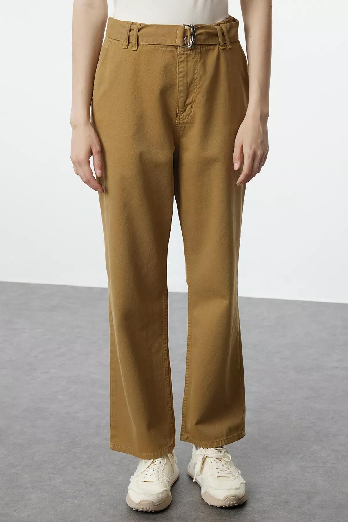 جينز بقصة مستقيمة وخصر مرتفع وحزام، بني, Brown, large image number 0