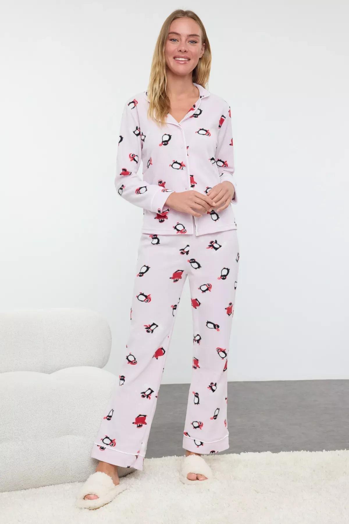 Pink Patterned Detailed Knitted Pyjamas Set, Pink, large image number 1