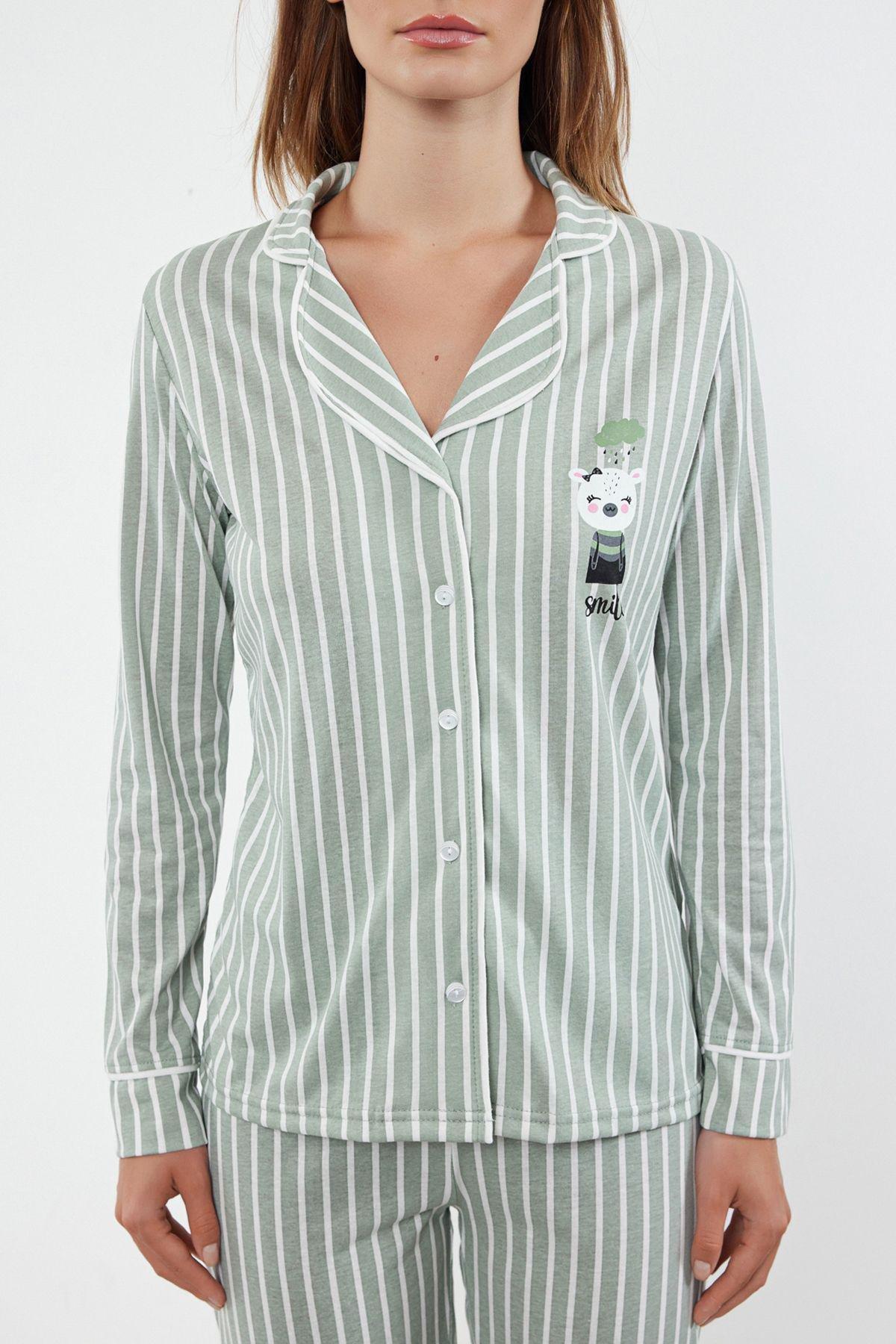 Mint Striped Animal Patterned Knitted Pajama Set THMAW25PT00002, 2s, Mint, large image number 2