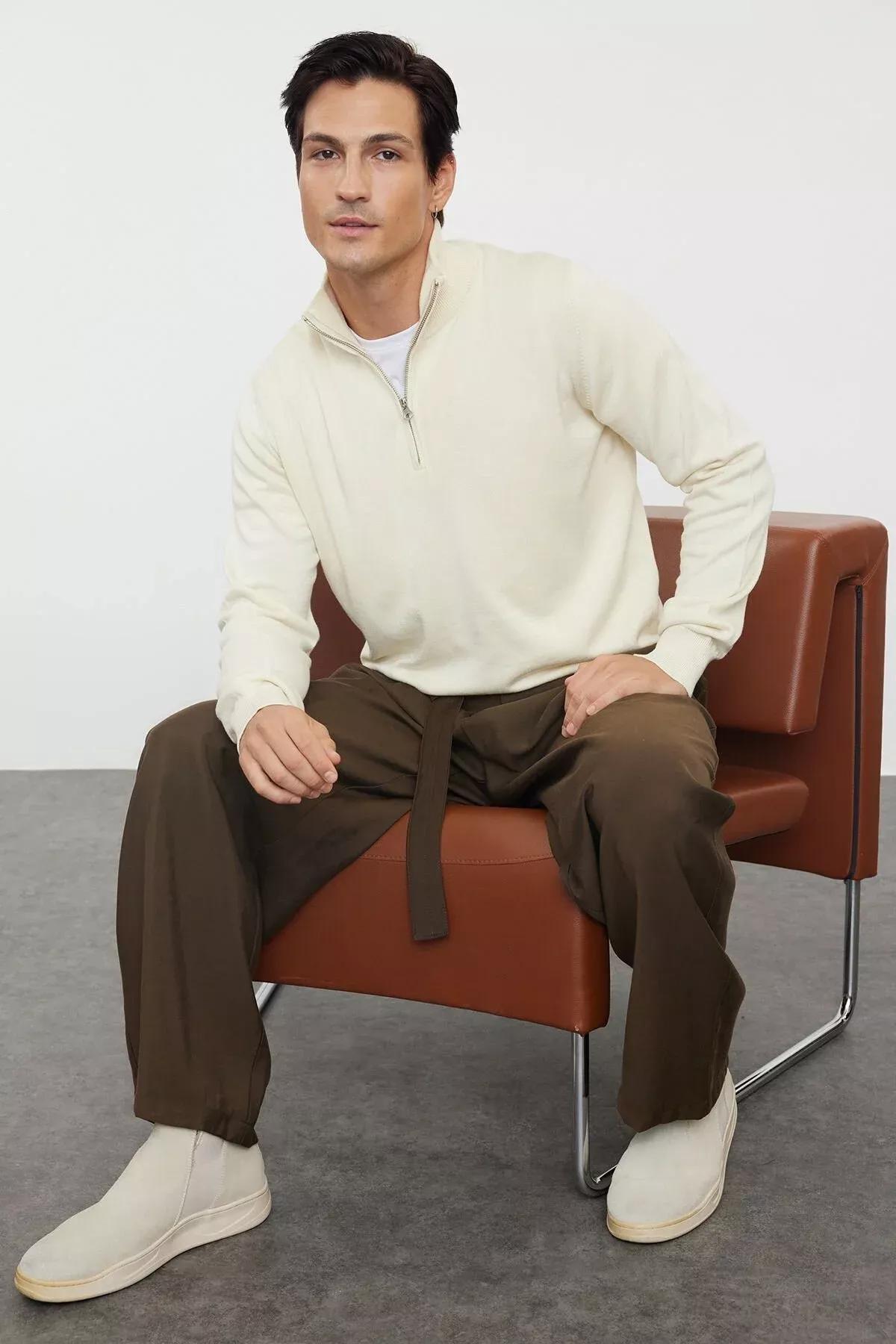 Beige Half Turtleneck Knit Sweater, Ecru, medium