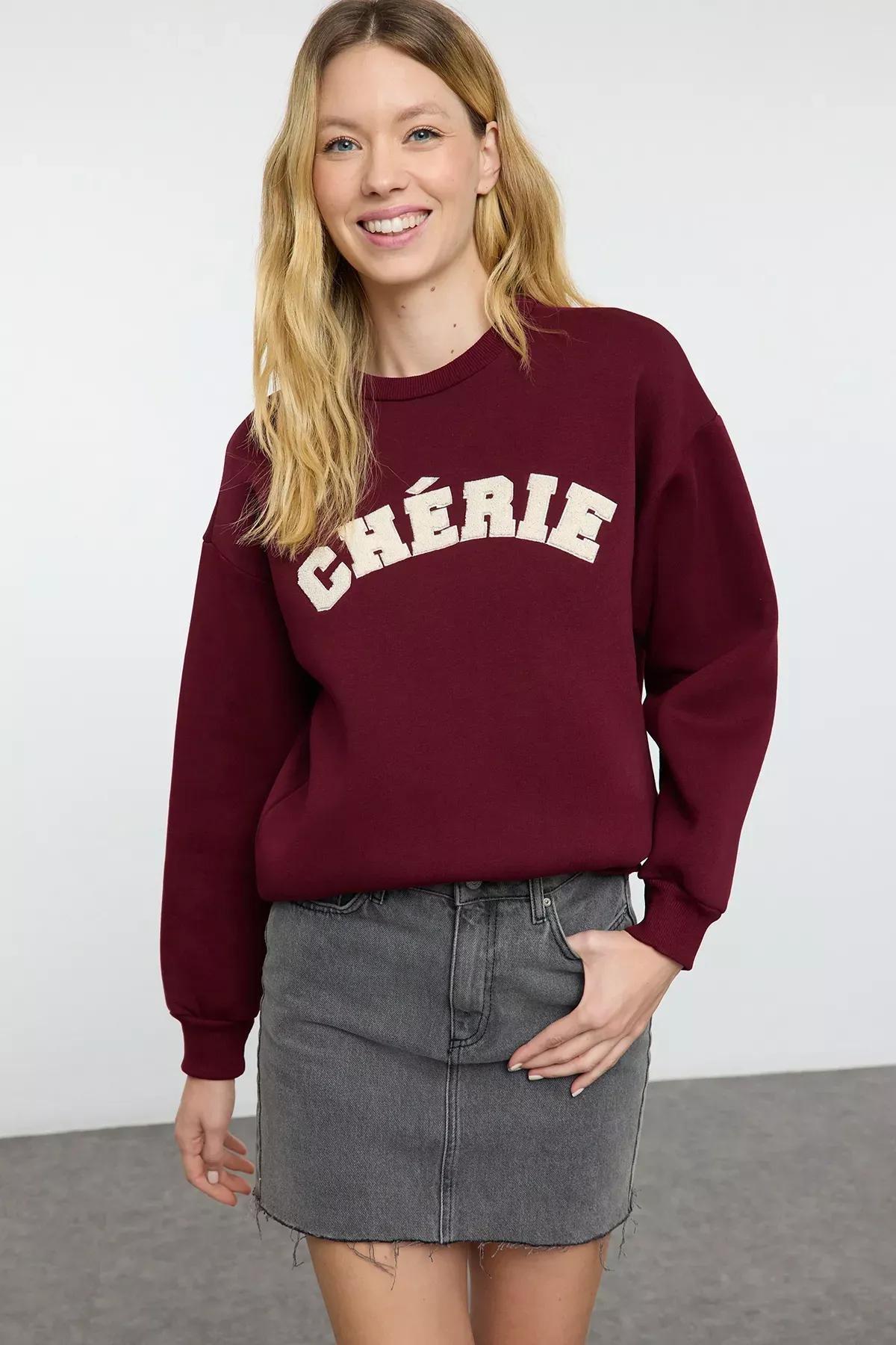 Red Polar Fleece Embroidered Sweatshirt, Burgundy, large image number 0