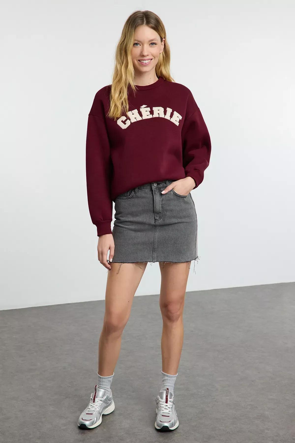 Red Polar Fleece Embroidered Sweatshirt, Burgundy, large image number 1