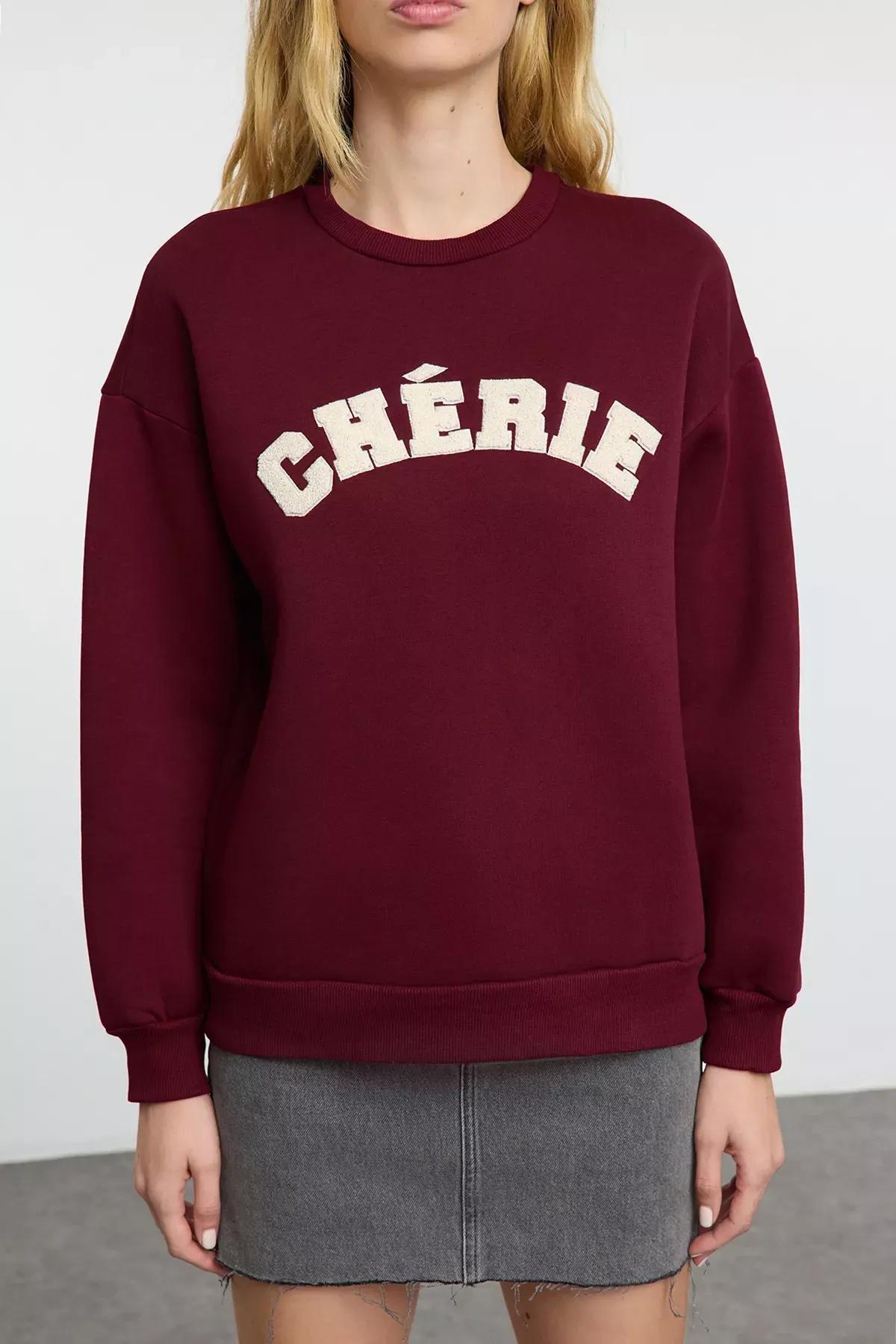 Red Polar Fleece Embroidered Sweatshirt, Burgundy, large image number 2