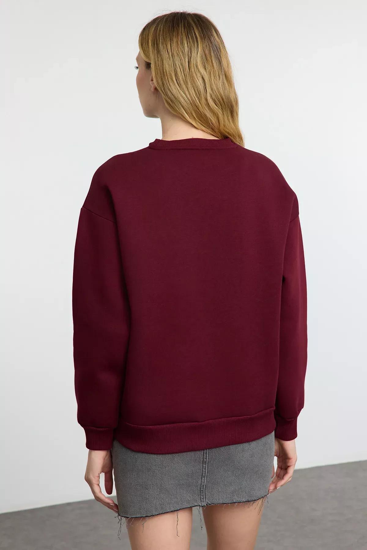 Red Polar Fleece Embroidered Sweatshirt, Burgundy, large image number 4