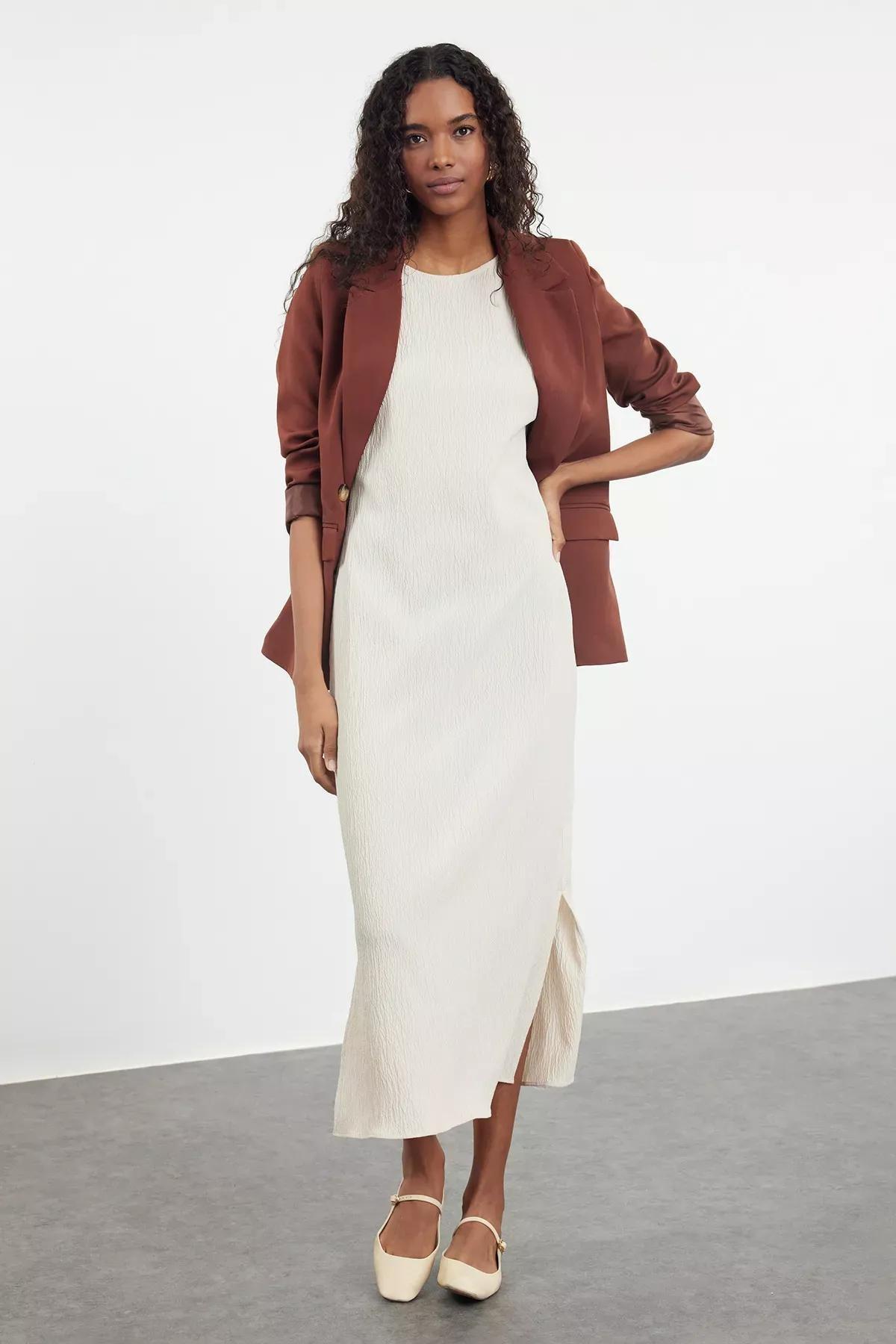 Light Beige Textured Maxi Dress, , large image number 0