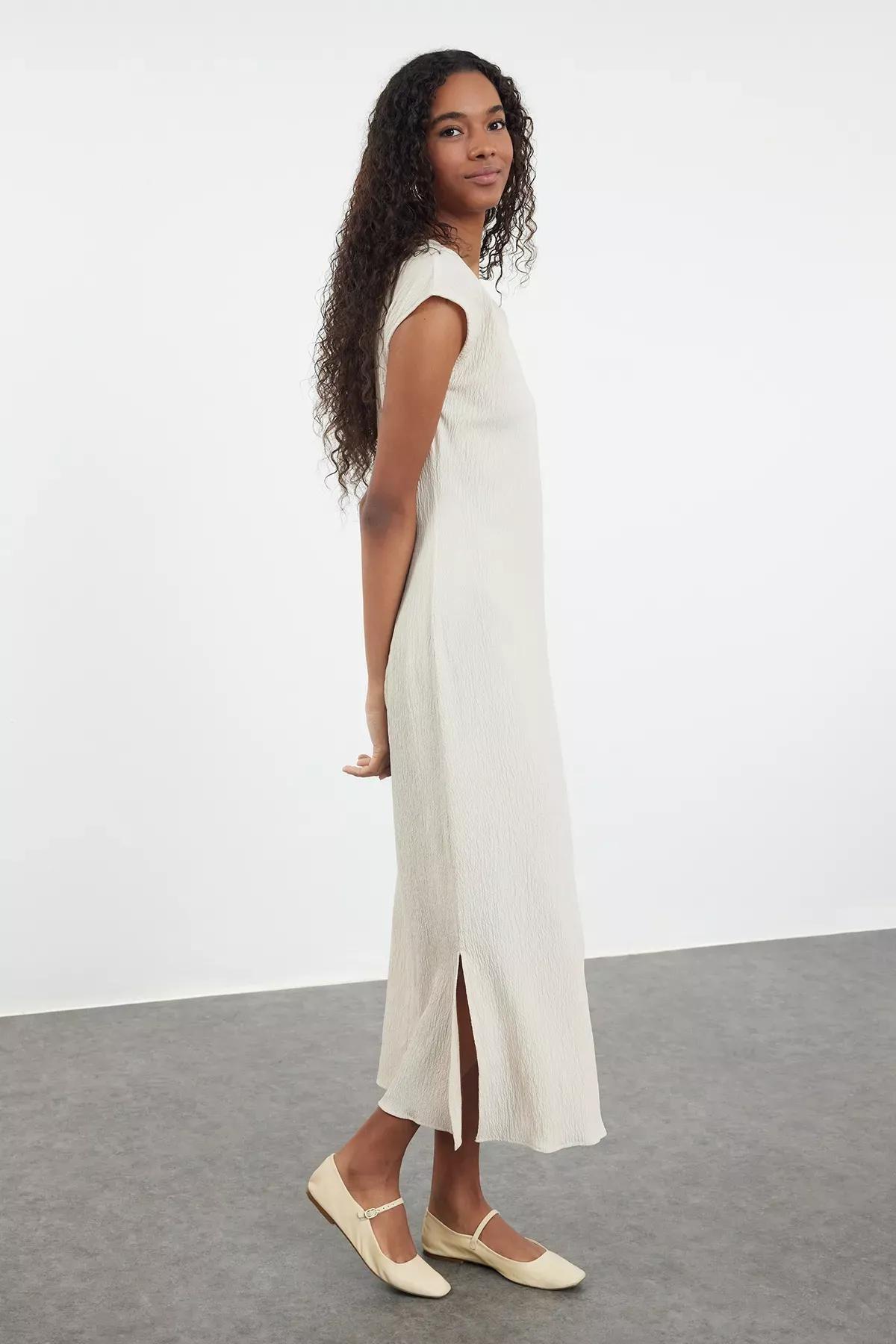 Light Beige Textured Maxi Dress, , large image number 1
