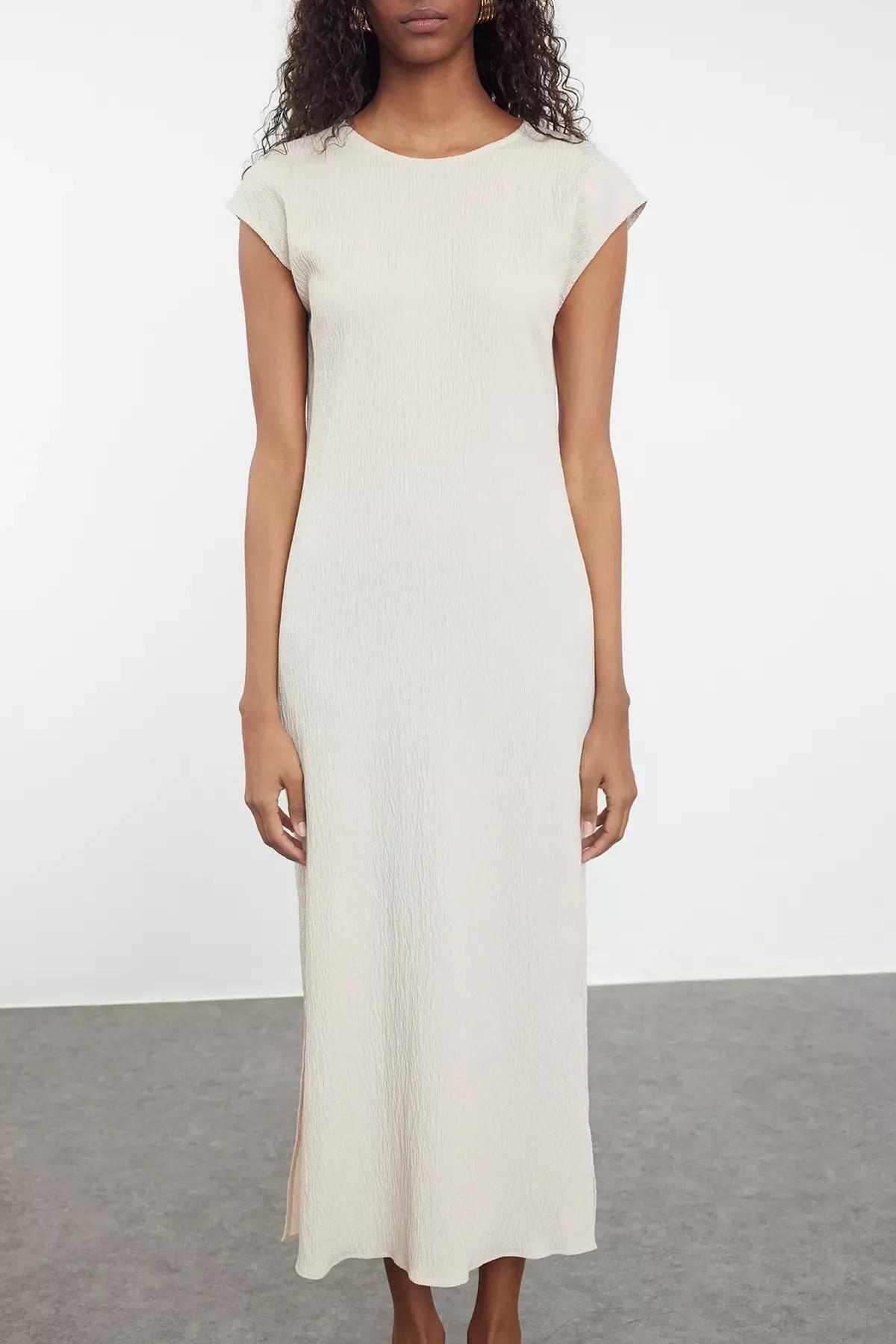 Light Beige Textured Maxi Dress, , large image number 2