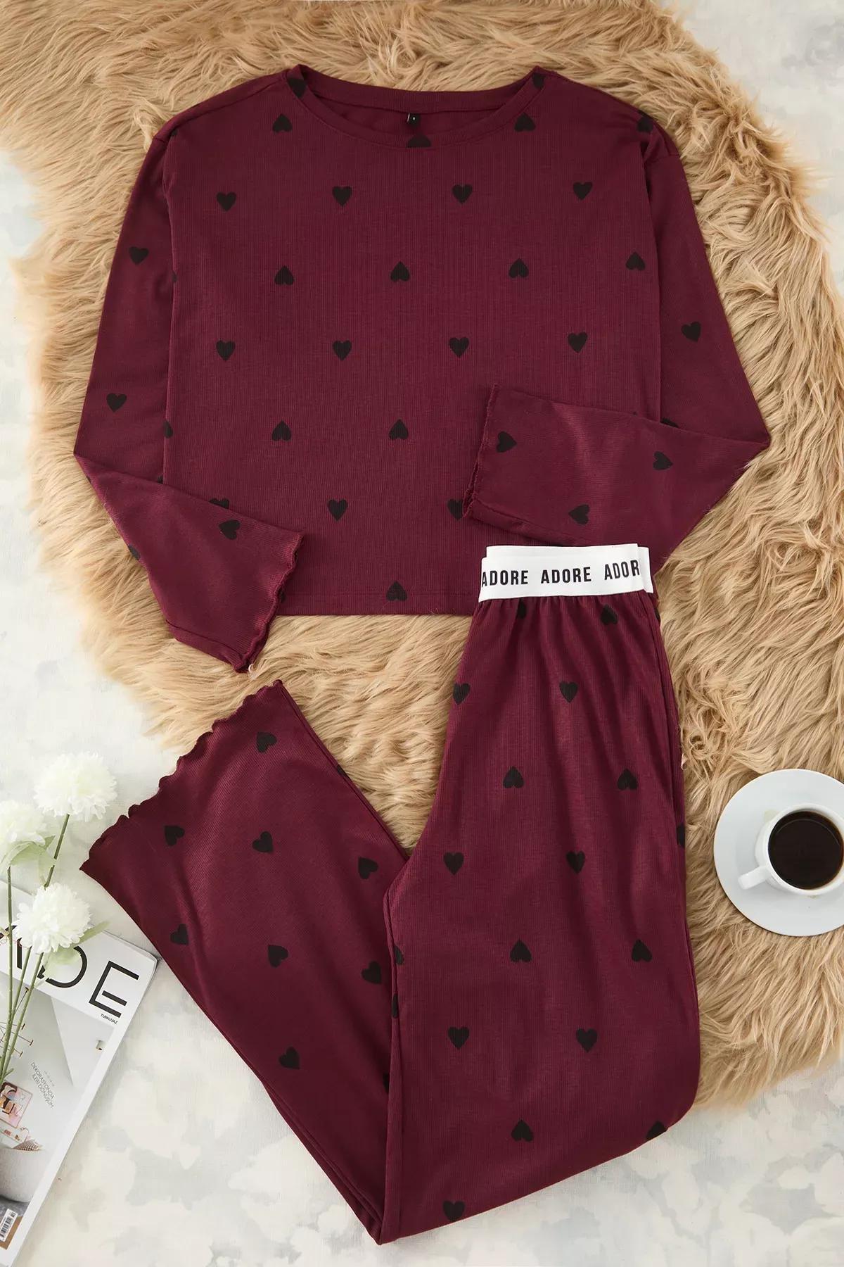 Burgundy Heart Slogan Elastic Pajama Set, C101_7277, medium
