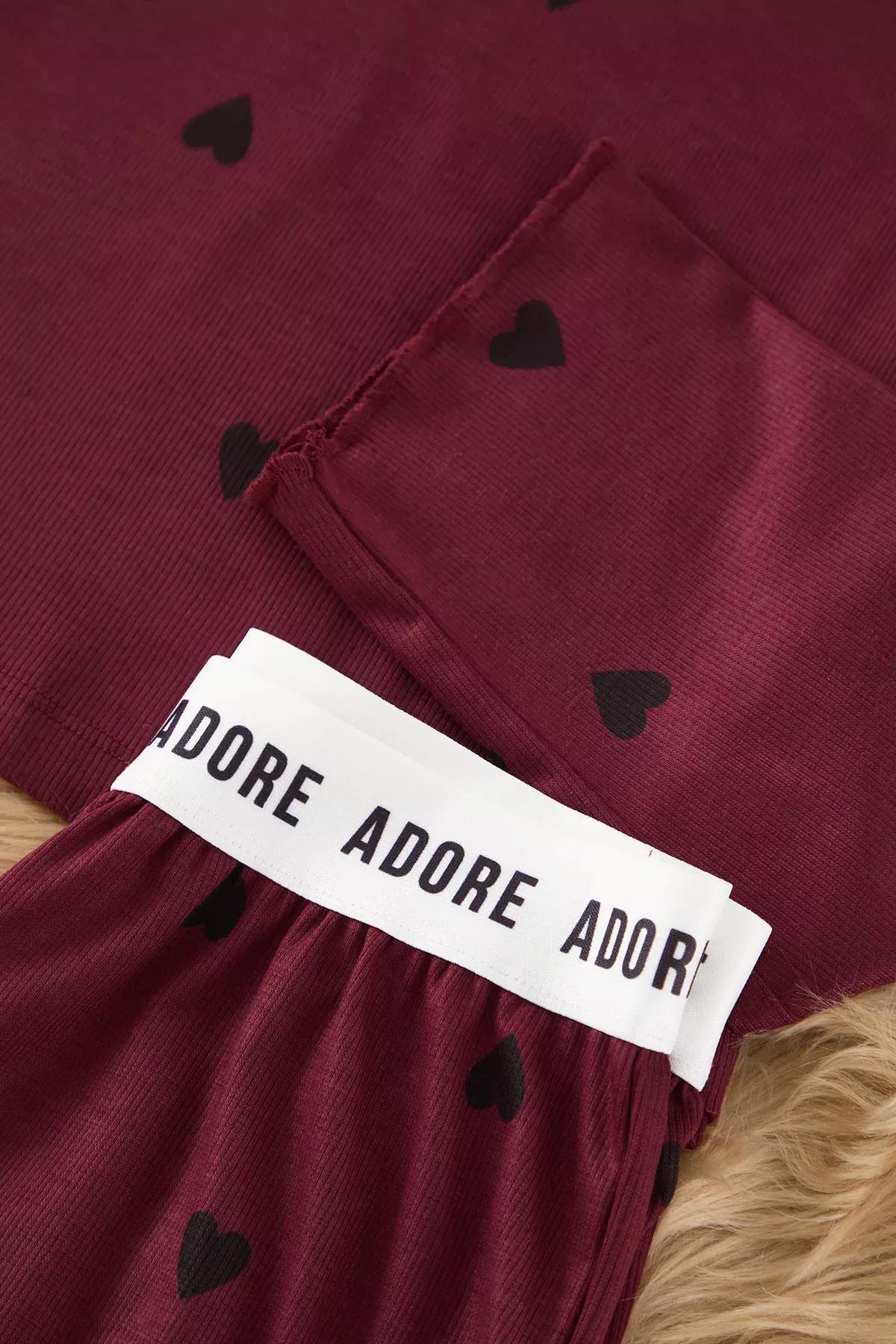 Burgundy Heart Slogan Elastic Pajama Set, C101_7277, medium