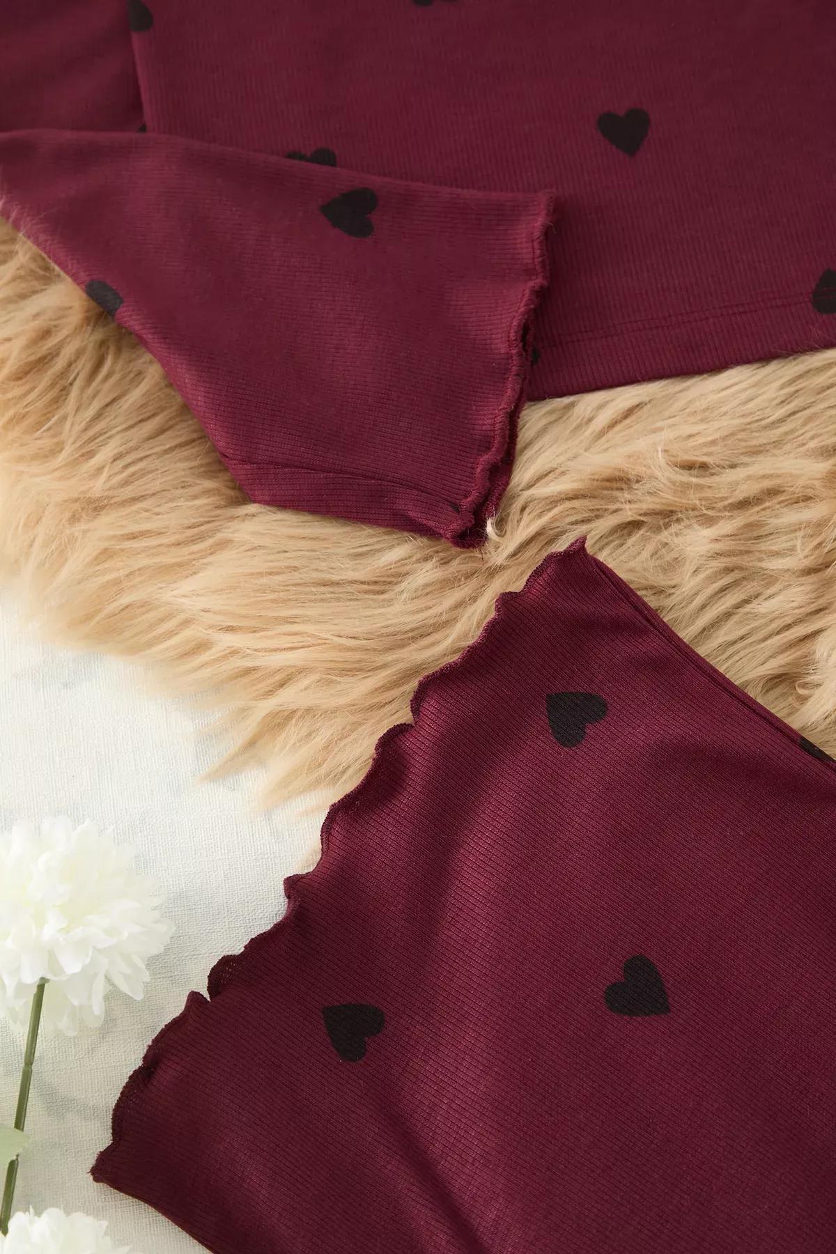 Burgundy Heart Slogan Elastic Pajama Set, C101_7277, large image number 2