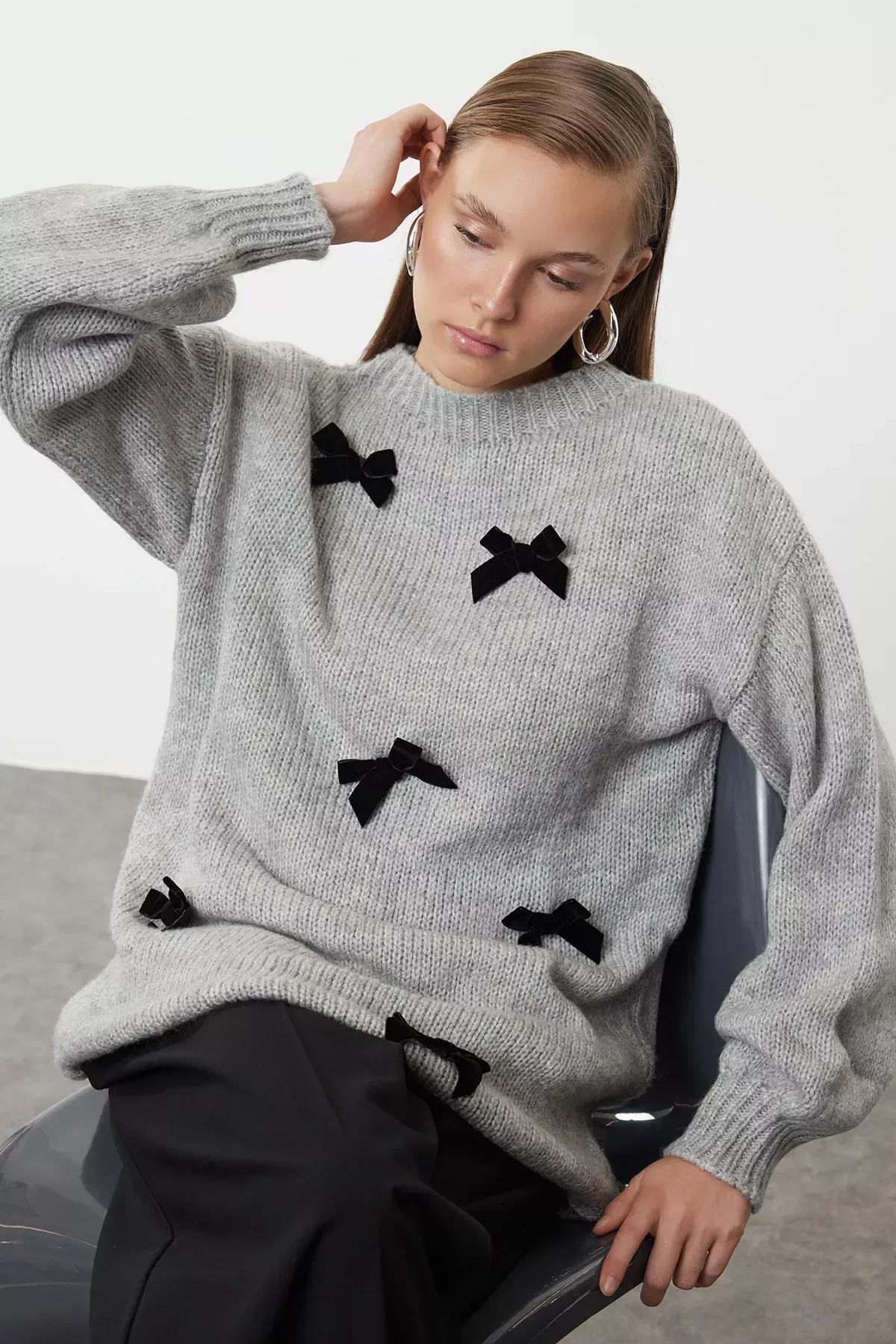 Grey  Bow Detail Knit Sweater, Grey, large image number 0