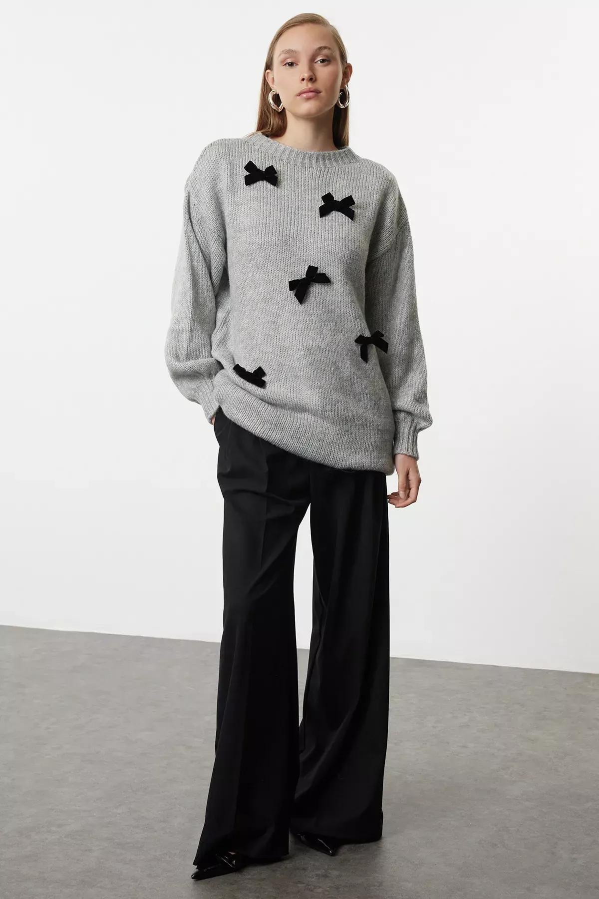 Grey  Bow Detail Knit Sweater, Grey, large image number 1