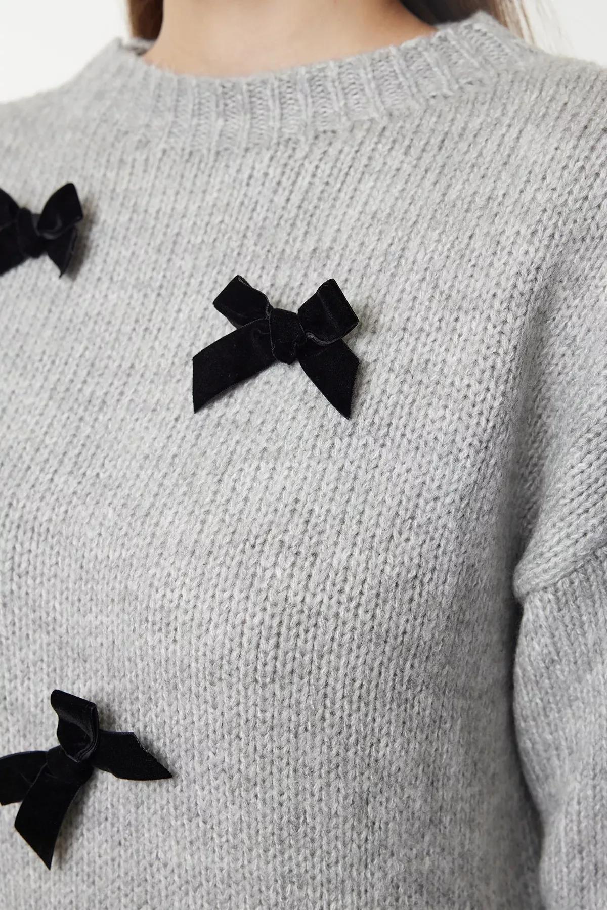Grey  Bow Detail Knit Sweater, Grey, large image number 2