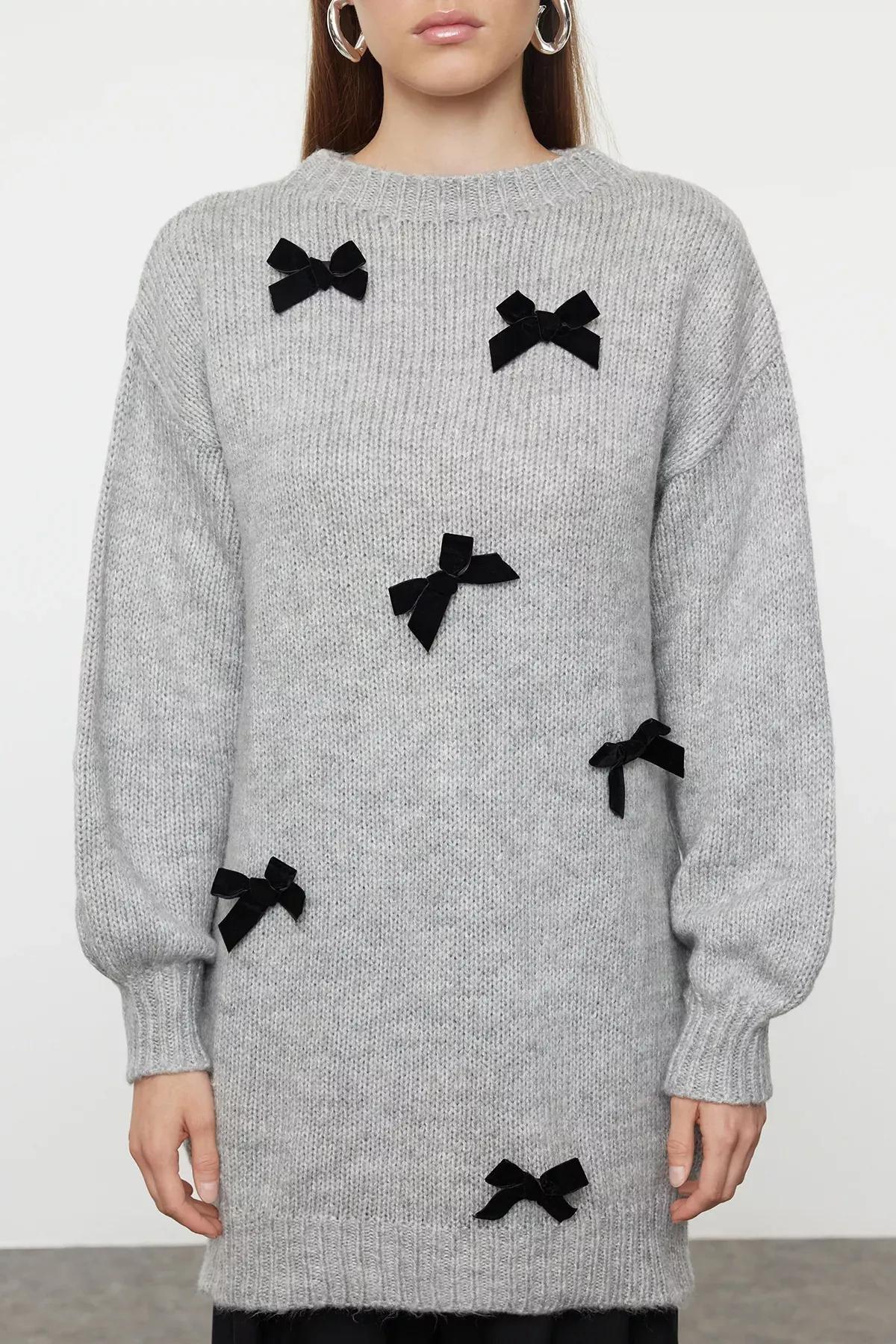 Grey  Bow Detail Knit Sweater, Grey, large image number 3