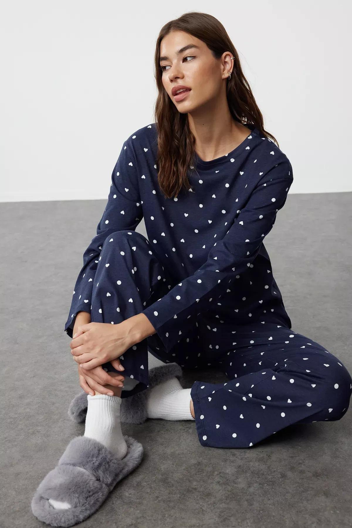 Navy Polka Dot Heart Patterned Knitted Pyjamas Set, Navy blue, medium