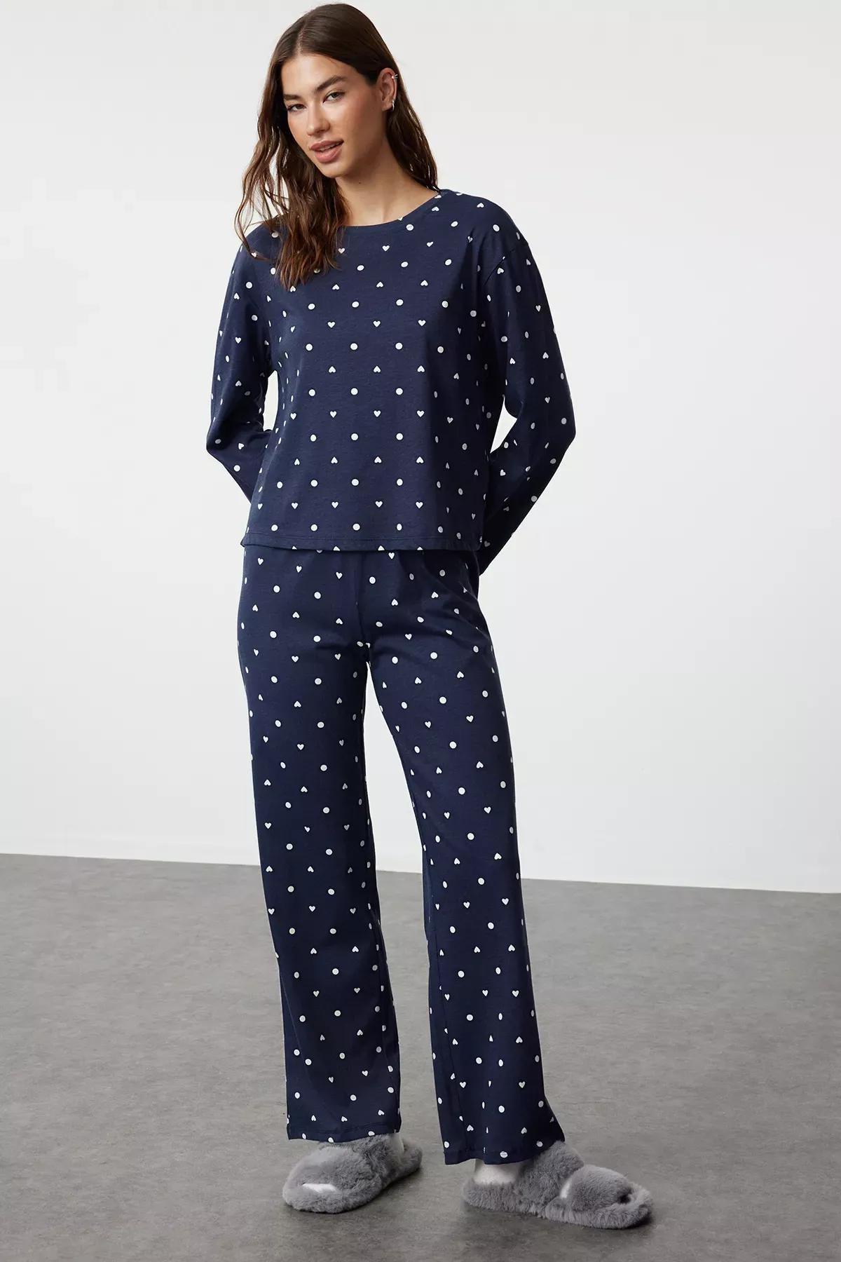 Navy Polka Dot Heart Patterned Knitted Pyjamas Set, Navy blue, large image number 1