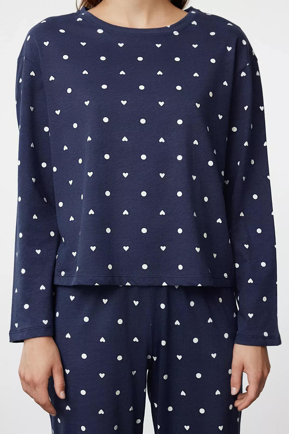Navy Polka Dot Heart Patterned Knitted Pyjamas Set, Navy blue, large image number 2
