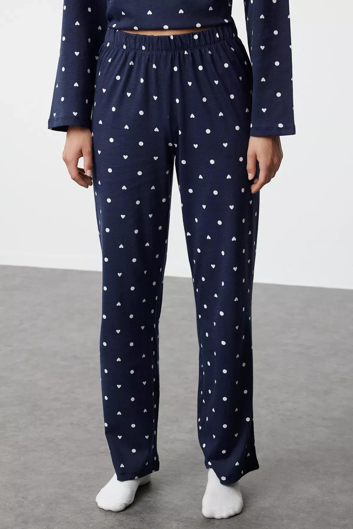 Navy Polka Dot Heart Patterned Knitted Pyjamas Set, Navy blue, large image number 3